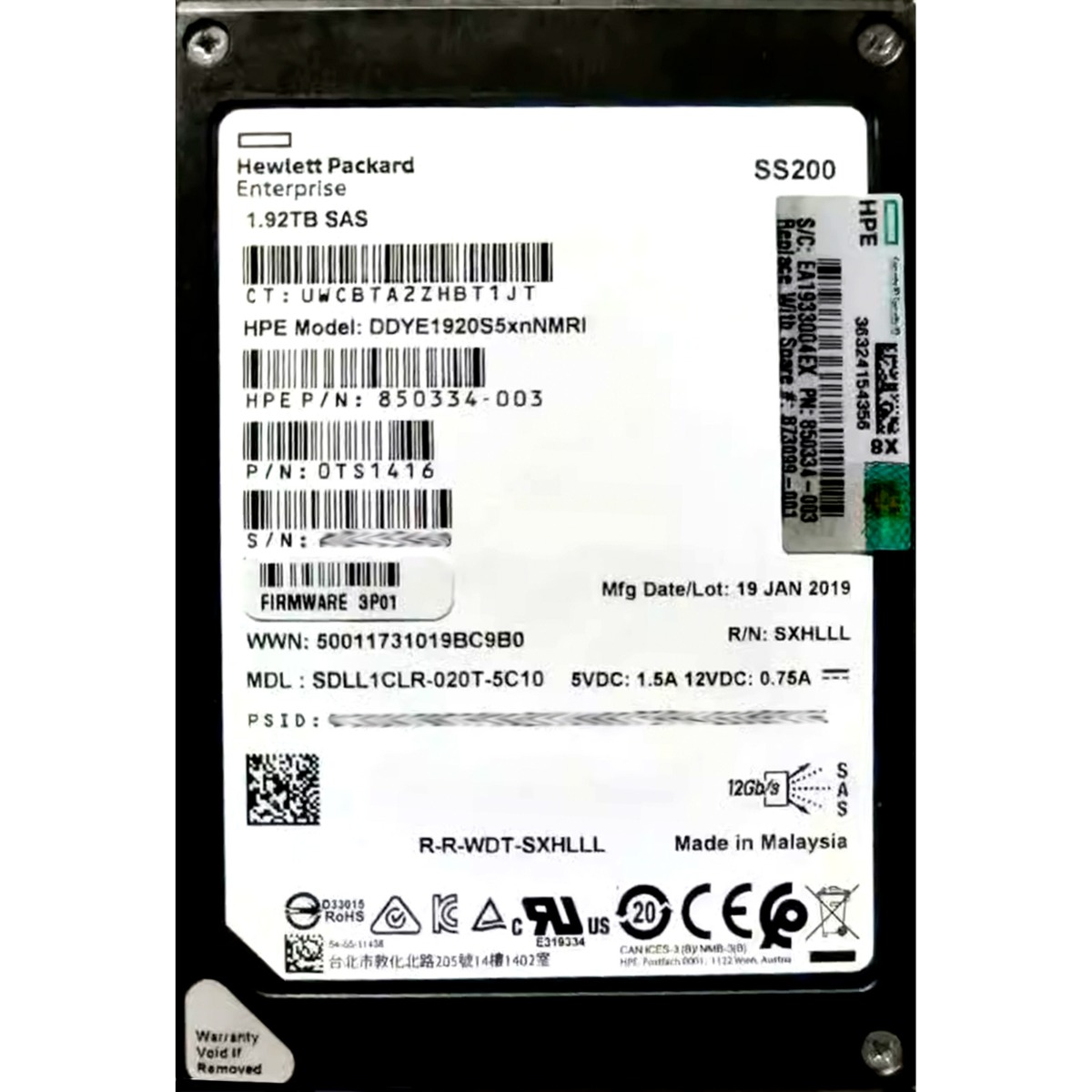 HP 850334-003 1.92TB SFF 2.5in SAS-3 12G DDYE1920S5XNNMRI SSD