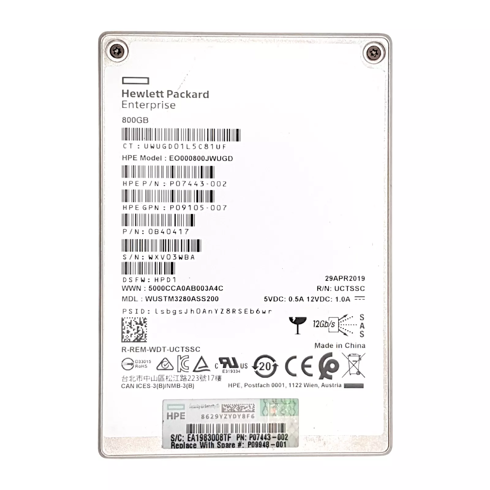 HP (P07443-002) 800GB Write Intensive (SFF 2.5in) SAS-3 12G SSD (P09948-001)